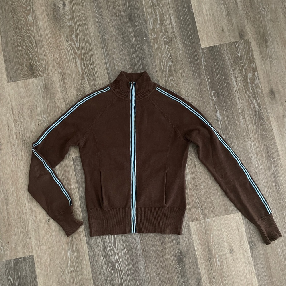 Chocolate Brown and Baby Blue Zip Front Sweater
